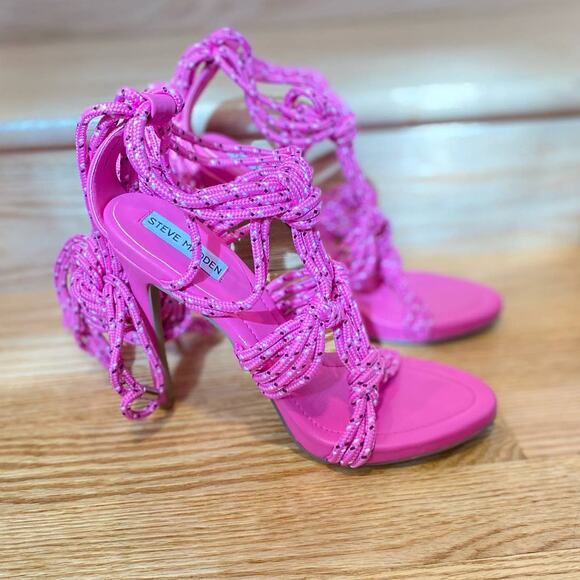 NWOT/BOX Steve Madden Hot Pink Fiore Rope Strappy heeled Sandals Barbie Style 10 - Picture 2 of 9